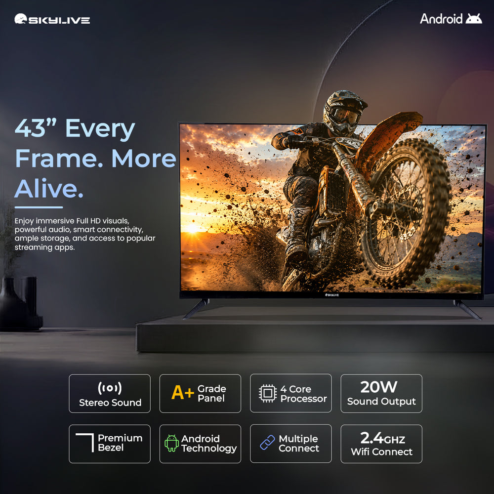 Skylive 109.22 cm (43 inches) Ultra HD Smart Android TV – Bezel-Less Design, Dynamic Contrast & 20W Dual-Speaker Audio / 4 Core Processor